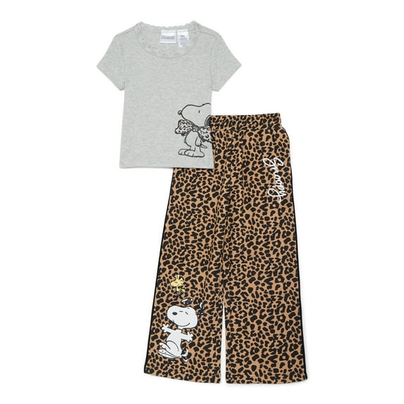 Snoopy Girls Graphic T-Shirt and Wide Leg Fleece Pant Outfit Set, 2-Piece, Sizes 4-16
