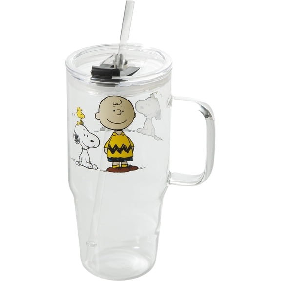 Snoopy Glass Cups with Lids and Straws - 40 Oz Tumbler with Handle and Straw Glass Water Bottles Drinking Glasses with Straws Iced Coffee Cups Travel Coffee Mug Smoothie Tumbler