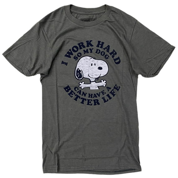 Snoopy I Work Hard Distressed Print Tee T-Shirt (Small, Olive)