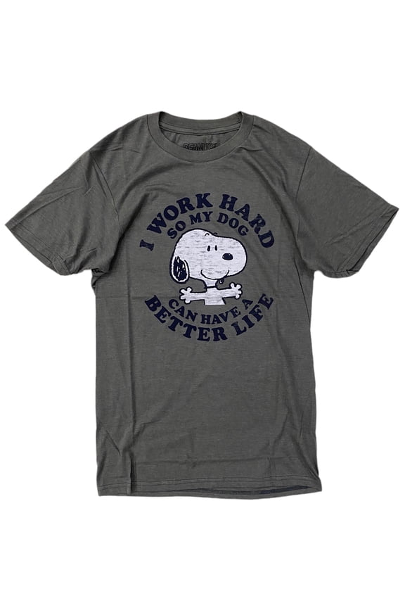Snoopy I Work Hard Distressed Print Tee T-Shirt (X-Large, Olive)