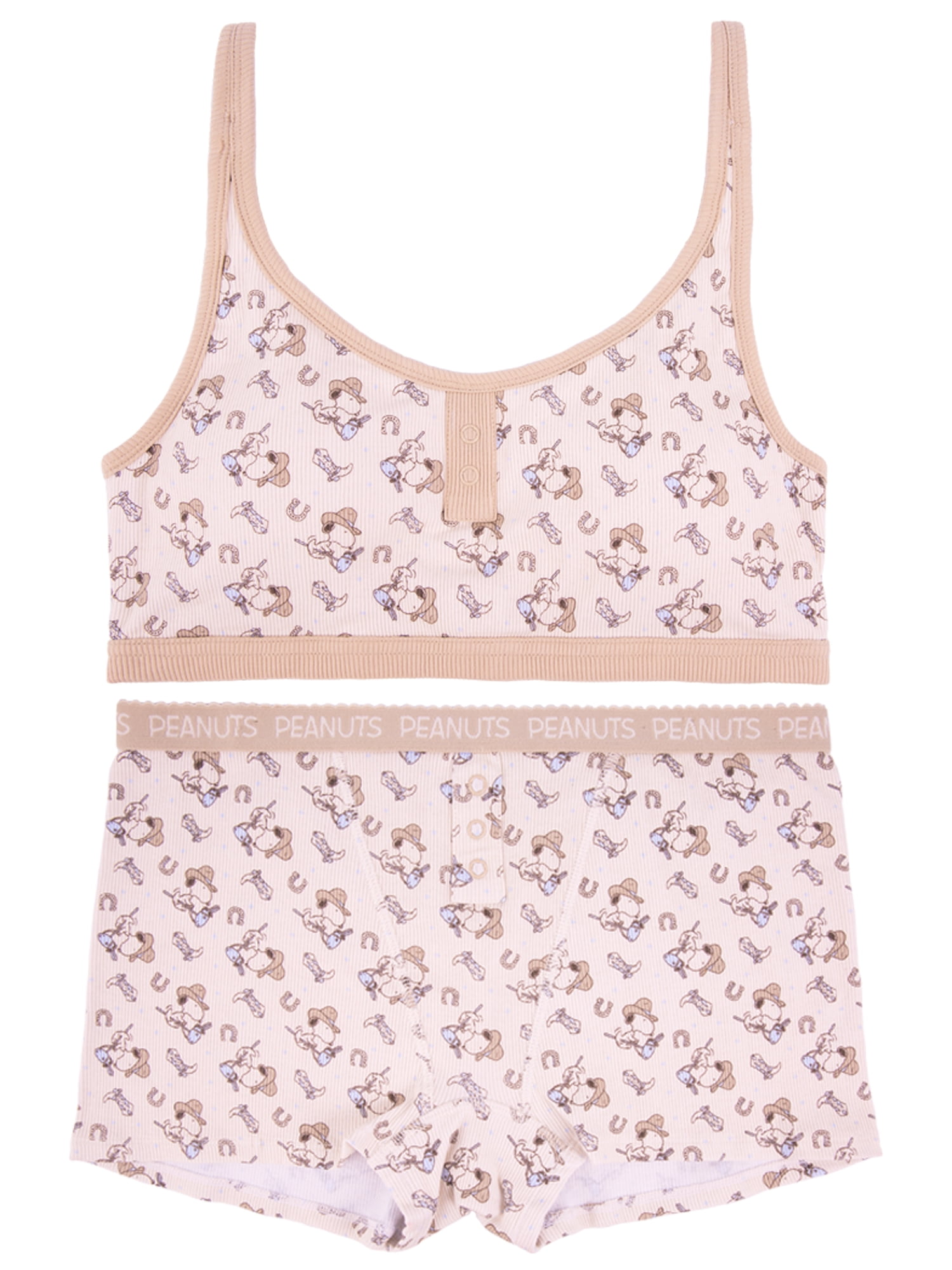 Snoopy Junior's 2-Piece Ribbed Knit Bralette and Boxer Brief Set, Size Small to Extra Large