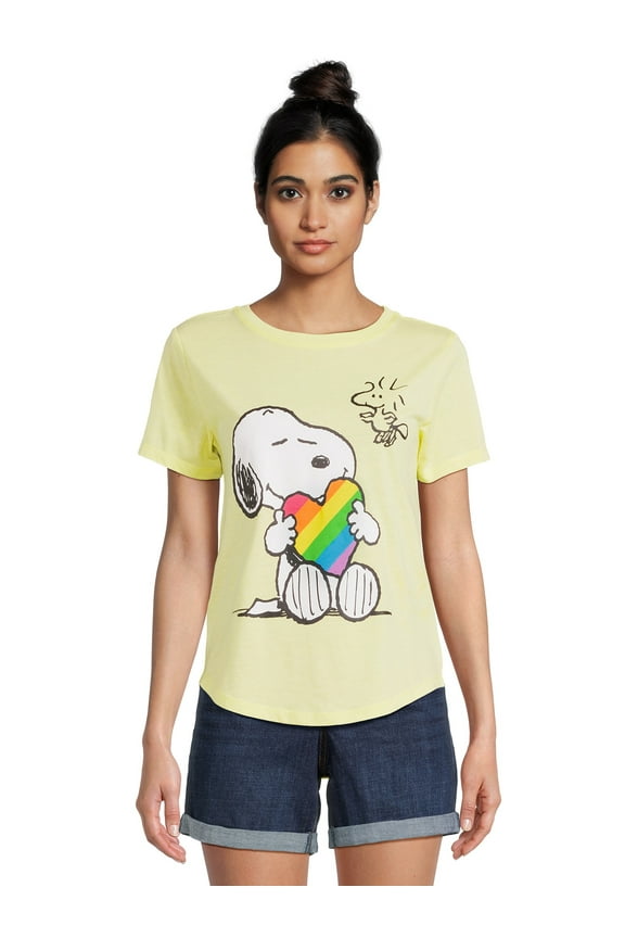 Snoopy Juniors’ Rainbow Graphic Tee with Short Sleeves, Sizes XS-3XL