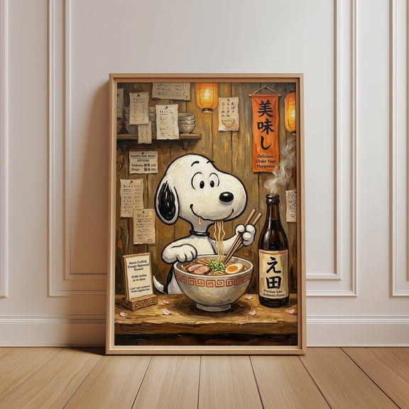 Snoopy and Ramen Illustration, Japanese Poster, Noodle Thief Anime Print, Cute Food Theme Kitchen Decor, Funny Dining Room Wall Art , Poster Print Only