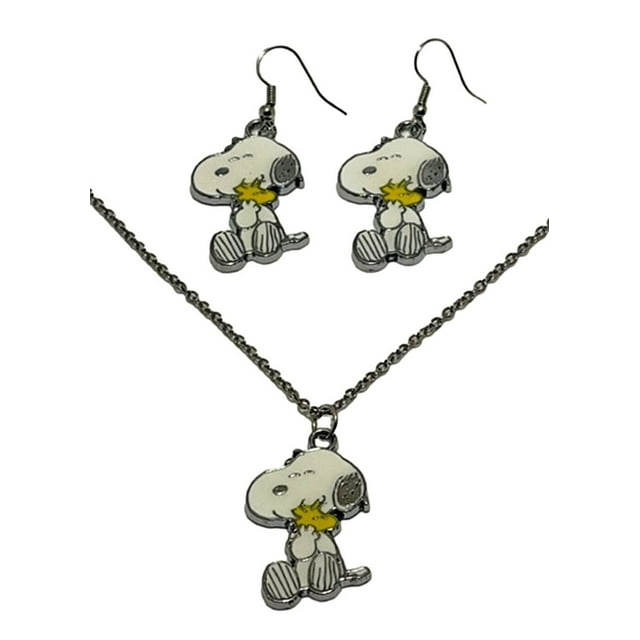 Snoopy Sitting Holding Woodstock Necklace and Earring Set