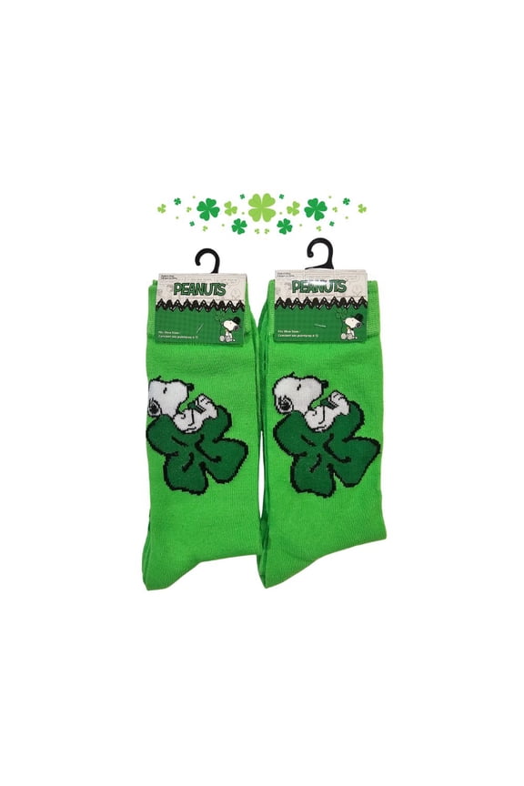 Snoopy St. Patrick's "Pinch Proof" Green Crew Socks | Men's Shoe Size 6-12 | 2 Pairs