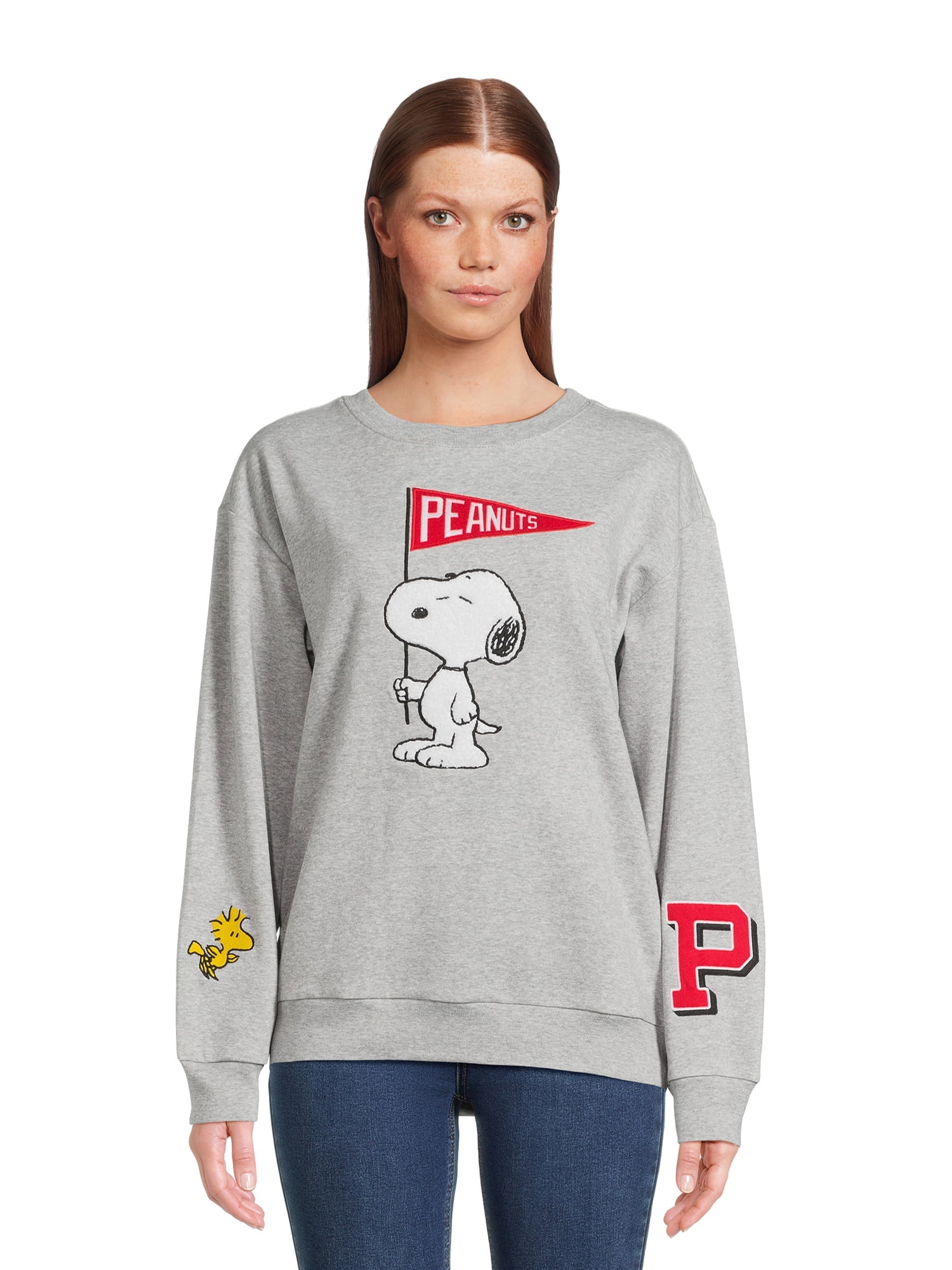 Snoopy Women's Chenille Patch Sweatshirt with Long Sleeves Snoopy Women's Chenille Patch Sweatshirt with Long Sleeves