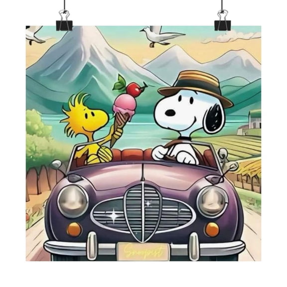 Snoopy Woodstock Road Trip Peanuts Cartoon Ice Cream Car Adventure Poster Cute Dog Wall Art 12x18 UNFRAMED
