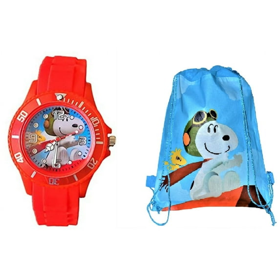 Peanuts by Peanuts Unisex 20 mm Silicone Strap Wristwatches, Red, with Non-Woven Drawstring Backpack