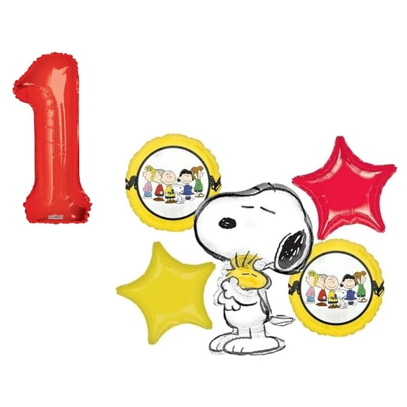 Snoopy Woodstock and Peanuts Gang 1st Birthday Party 5 Piece Mylar Foil Balloons Set