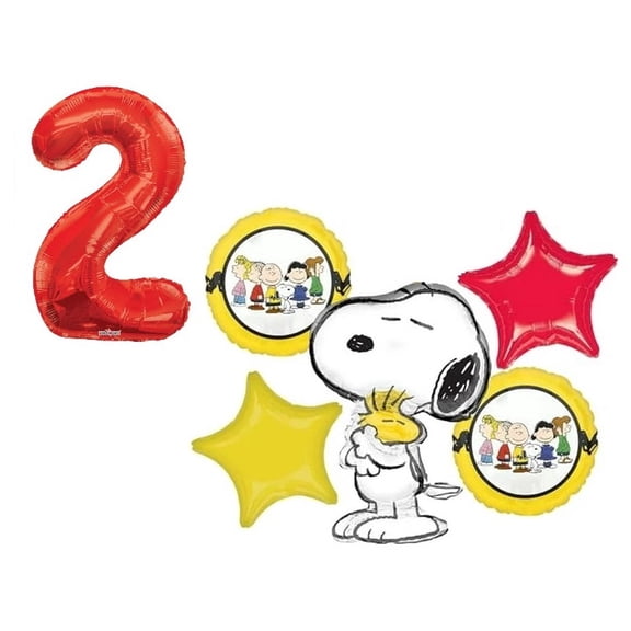 Snoopy Woodstock and Peanuts Gang 2nd Birthday Party 5 Piece Mylar Foil Balloons Set