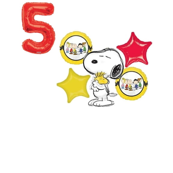 Snoopy Woodstock and Peanuts Gang 5th Birthday Party 5 Piece Mylar Foil Balloons Set