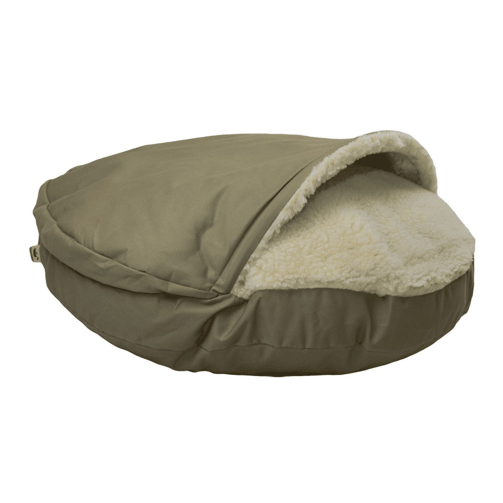 Large Khaki Polyester Hooded Round Dog Bed