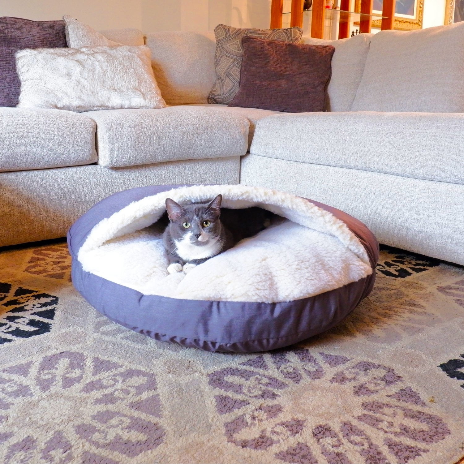 Small Heather Gray Hooded Microsuede Pet Bed