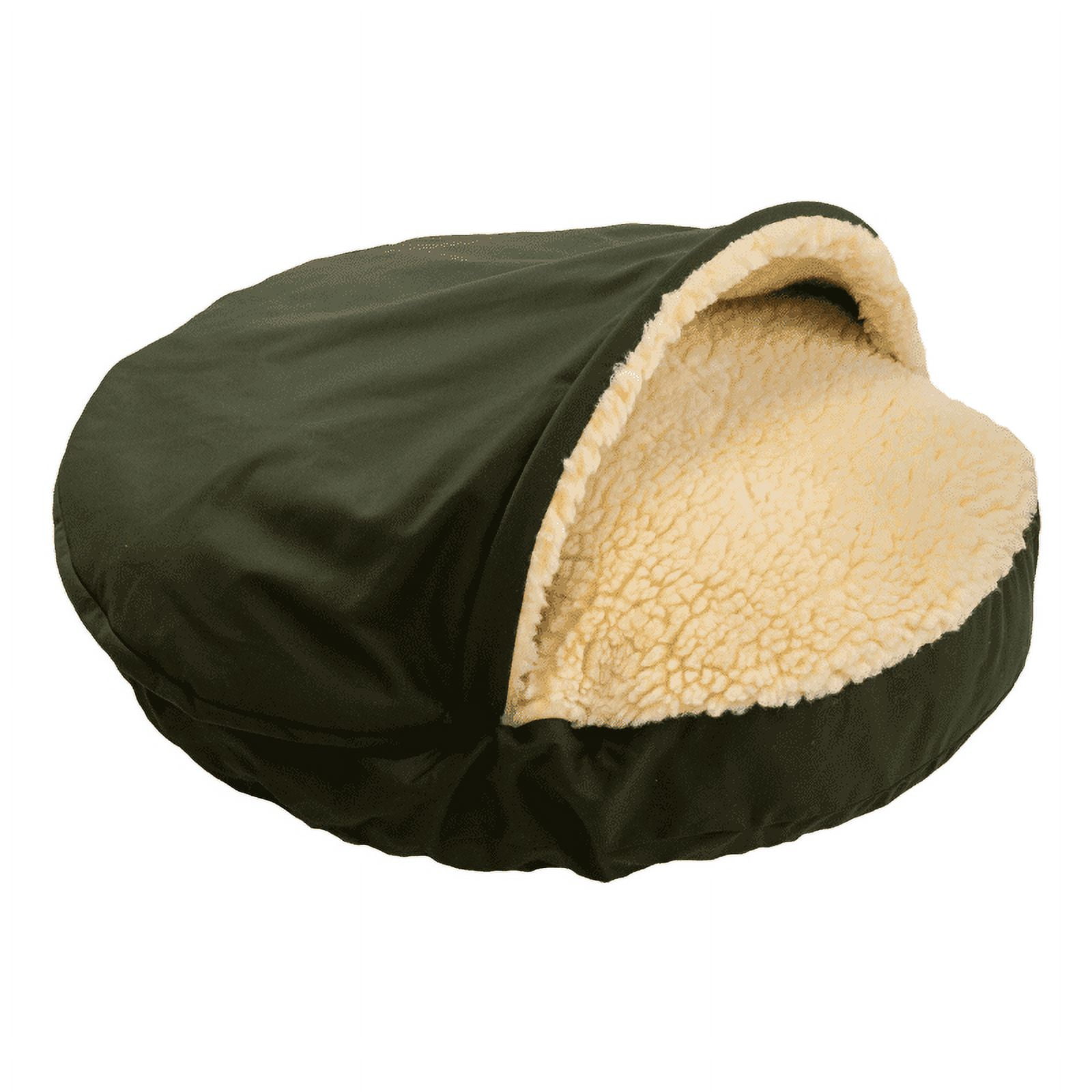 Small Olive Poly/Cotton Hooded Dog Bed with Sherpa Lining