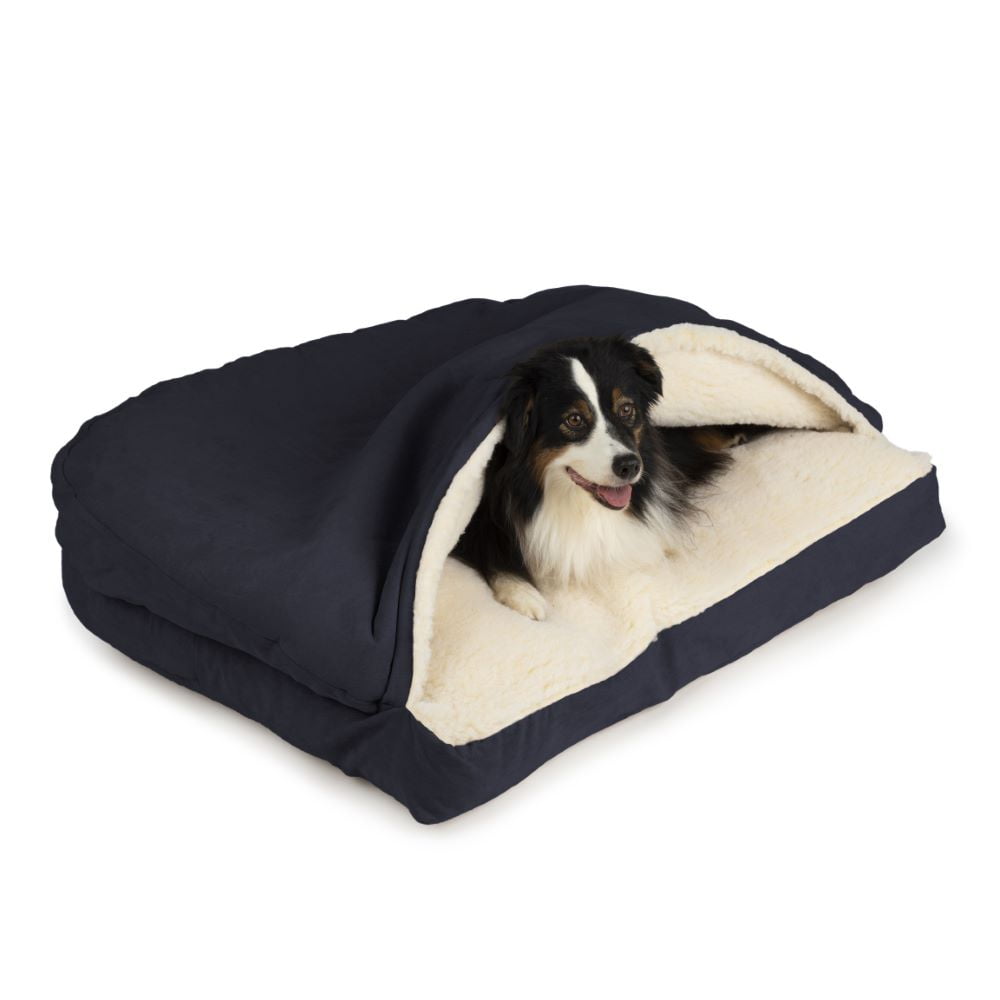 Small Navy Poly Cotton Hooded Rectangle Dog Bed