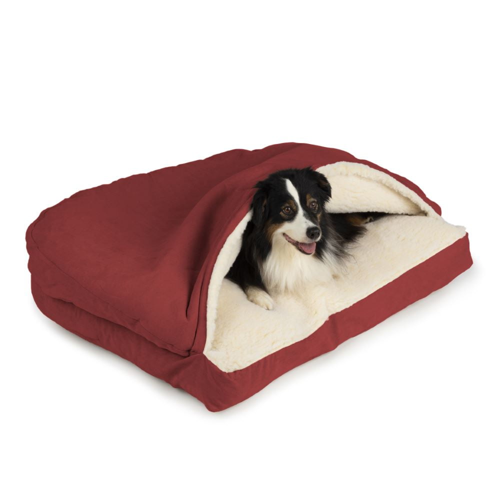 Small Red Poly Cotton Hooded Cozy Cave Dog Bed
