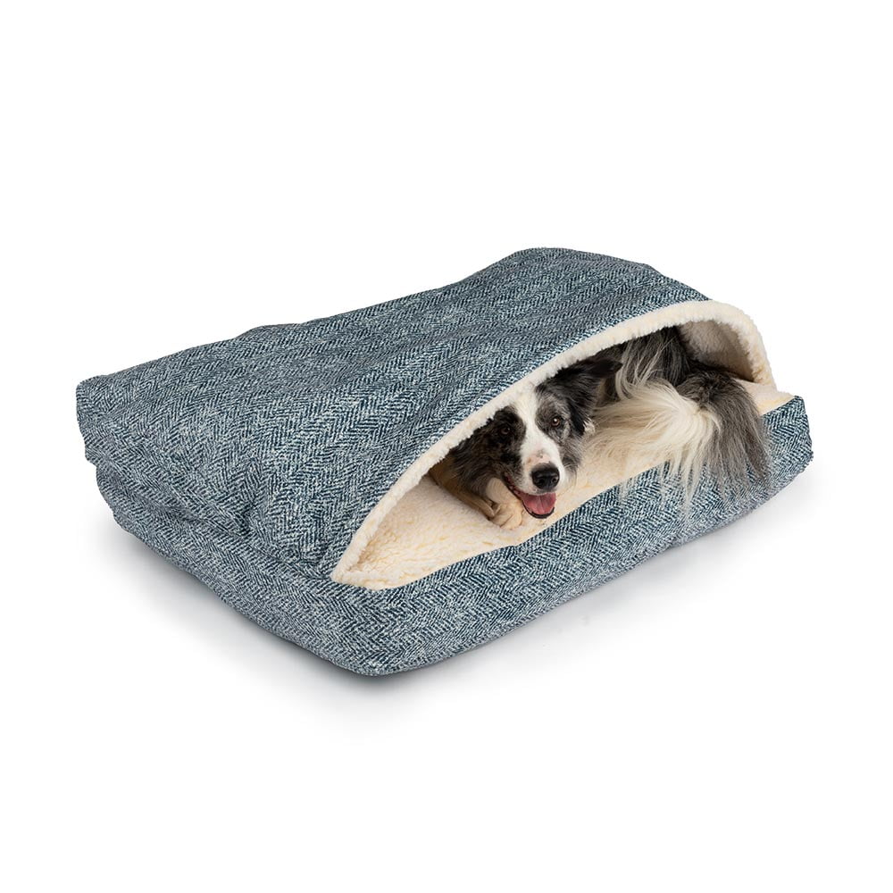 Snoozer Cozy Cave Square Pet Bed, Large, Palmer Indigo, Hooded Nesting Dog Bed