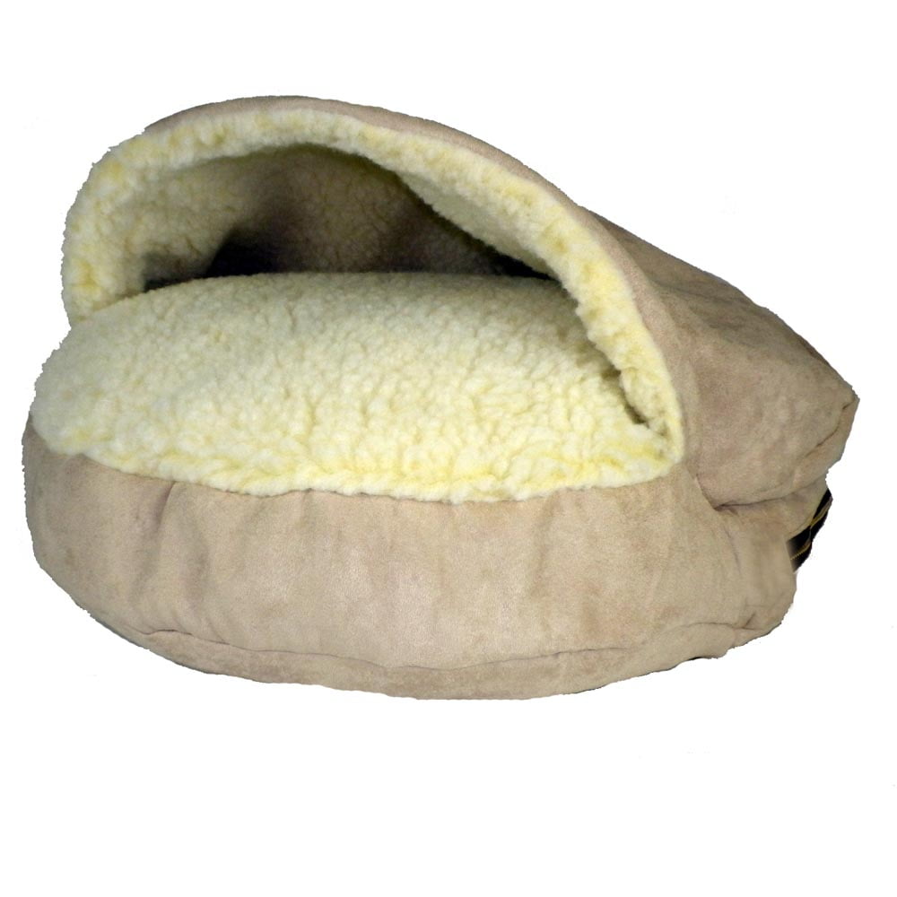 Small Buckskin Microsuede Hooded Pet Bed with Sherpa Lining