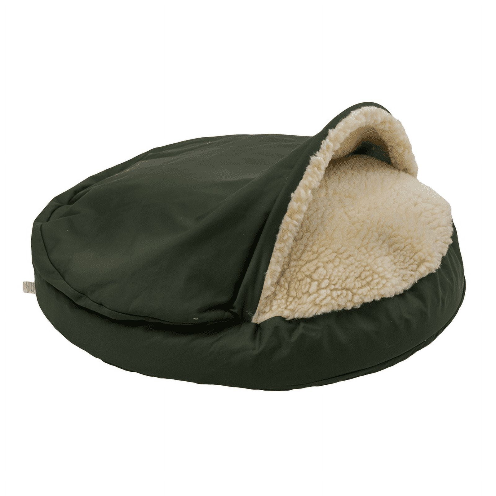 Small Olive Orthopedic Hooded Dog Bed with Sherpa Lining