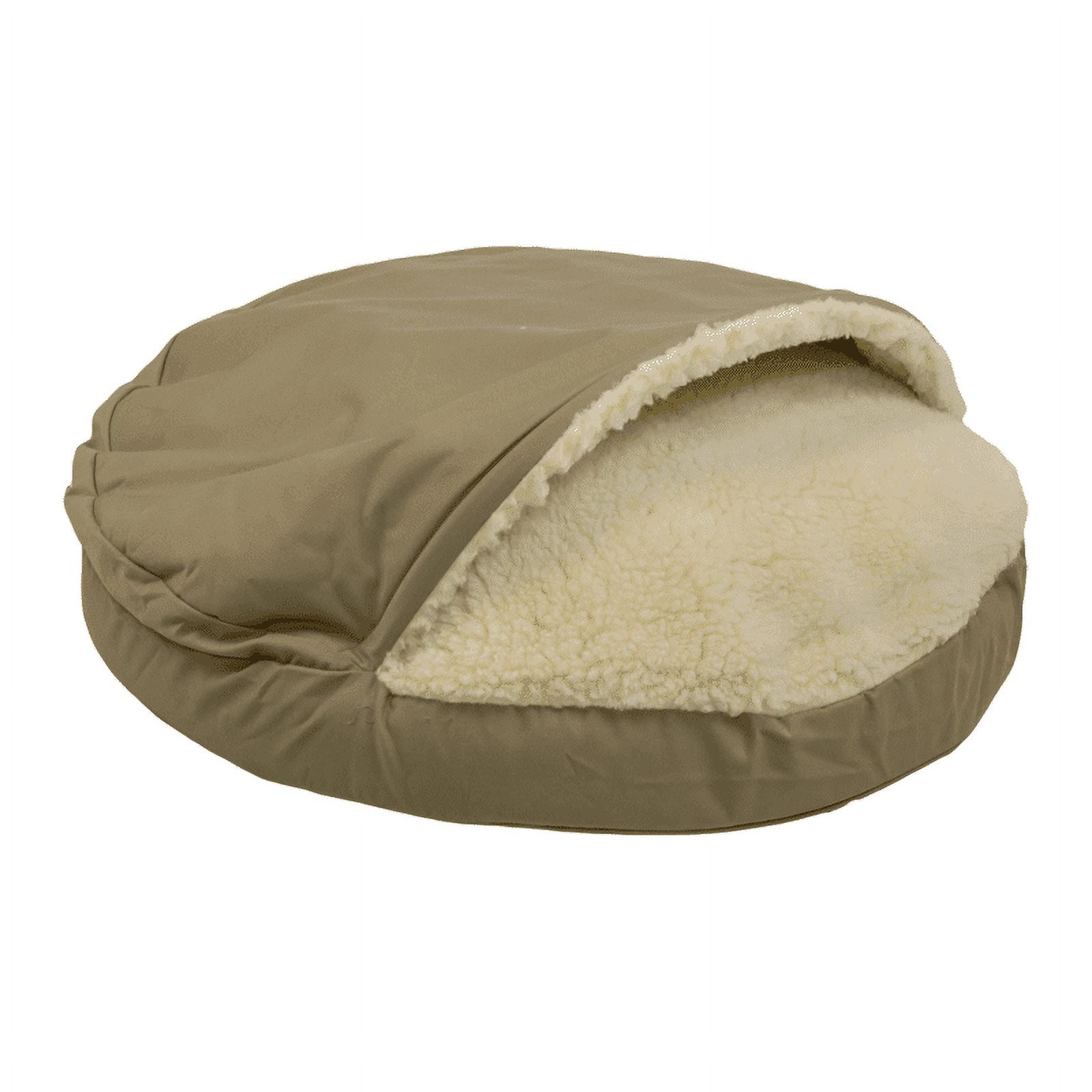 Small Khaki Orthopedic Cozy Cave Pet Bed with Sherpa Interior