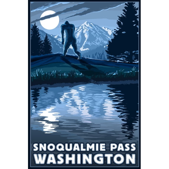Snoqualmie Pass, Washington, Bigfoot and Mountain (36x54 Giclee Gallery Art Print, Vivid Textured Wall Decor)