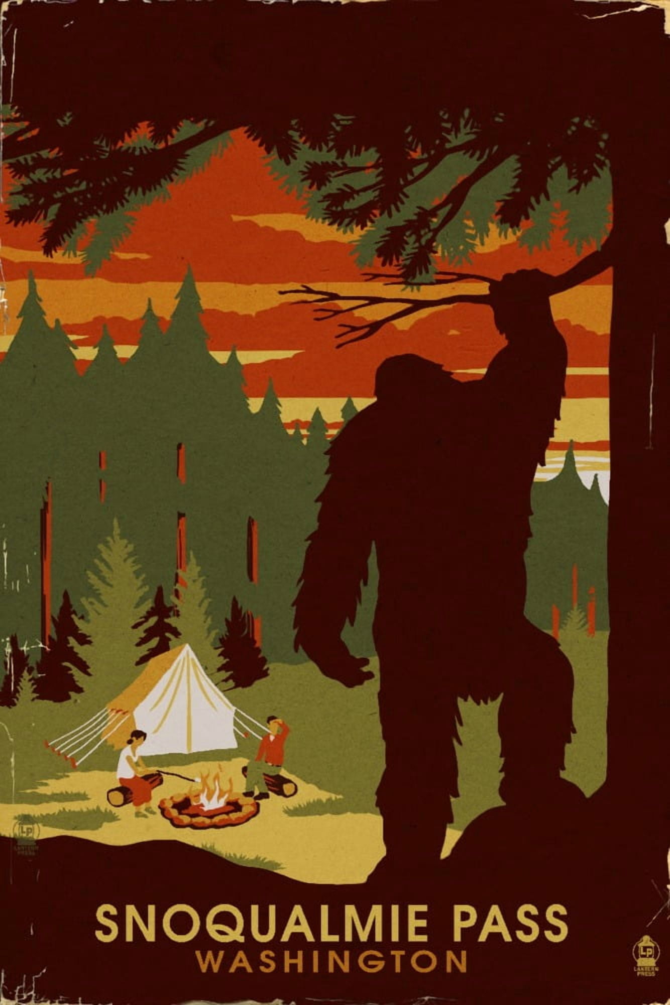 Snoqualmie Pass, Washington, Home Of Bigfoot, Lantern Press Artwork Wood Signs And Postcards