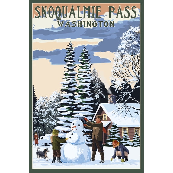 Snoqualmie Pass, Washington, Snowman Scene (24x36 Giclee Gallery Art Print, Vivid Textured Wall Decor)