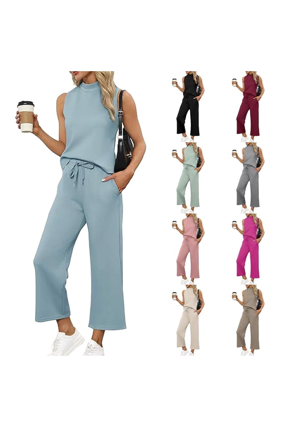2 Piece Outfits for Women Sleeveless Crop Tops and Elastci Waist Wide Leg Pants Summer Ladies Casual Stretchy Look Set Everyday Outing Vacation Wear