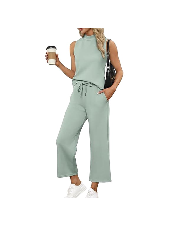 2 Piece Outfits for Women Sleeveless Crop Tops and Elastci Waist Wide Leg Pants Summer Ladies Casual Stretchy Look Set Everyday Outing Vacation Wear