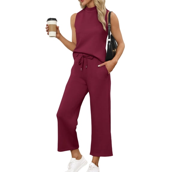 Snorda 2 Piece Outfits for Women Sleeveless Crop Tops and Elastci Waist Wide Leg Pants Summer Ladies Casual Stretchy Look Set Everyday Outing Vacation Wear