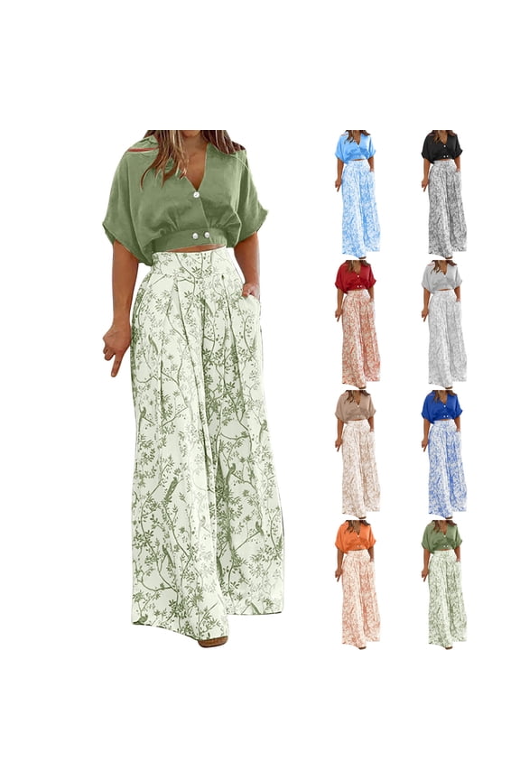 2 Piece Pants Set for Women Button Down Crop Tops and High Waist Floral Printed Wide Leg Pants Summer Ladies Casual Matching Set with Pockets for Daily Outing Wear