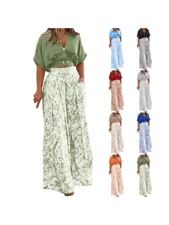 2 Piece Pants Set for Women Button Down Crop Tops and High Waist Floral Printed Wide Leg Pants Summer Ladies Casual Matching Set with Pockets for Daily Outing Wear