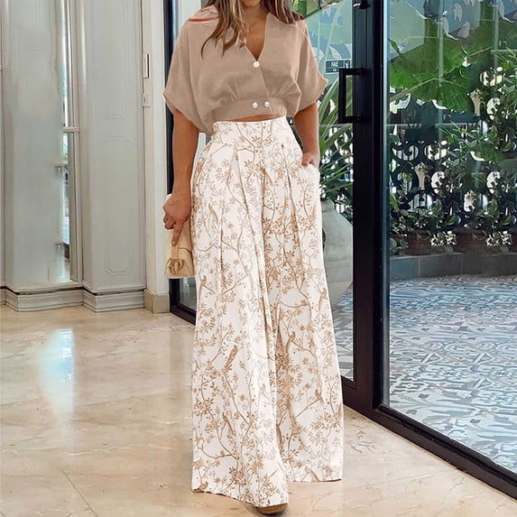 Snorda 2 Piece Pants Set for Women Button Down Crop Tops and High Waist Floral Printed Wide Leg Pants Summer Ladies Casual Matching Set with Pockets for Daily Outing Wear