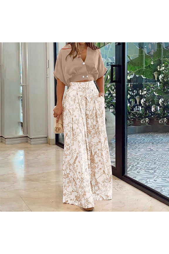 2 Piece Pants Set for Women Button Down Crop Tops and High Waist Floral Printed Wide Leg Pants Summer Ladies Casual Matching Set with Pockets for Daily Outing Wear