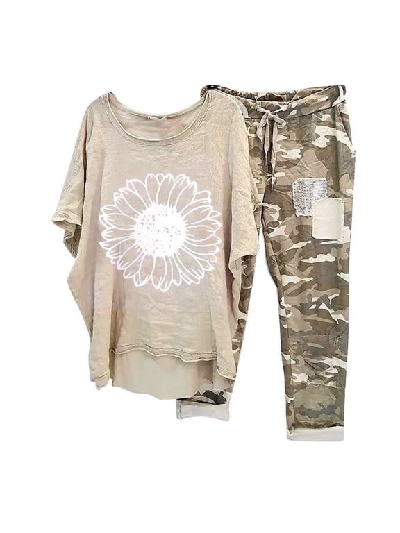 2 Piece Pants Set for Women Floral Print Short Sleeve Tops and Drawstring Elastic Waist Camouflage Pants Ladies Casual Loose Pudding Pants Set Daily Outing Outdoors