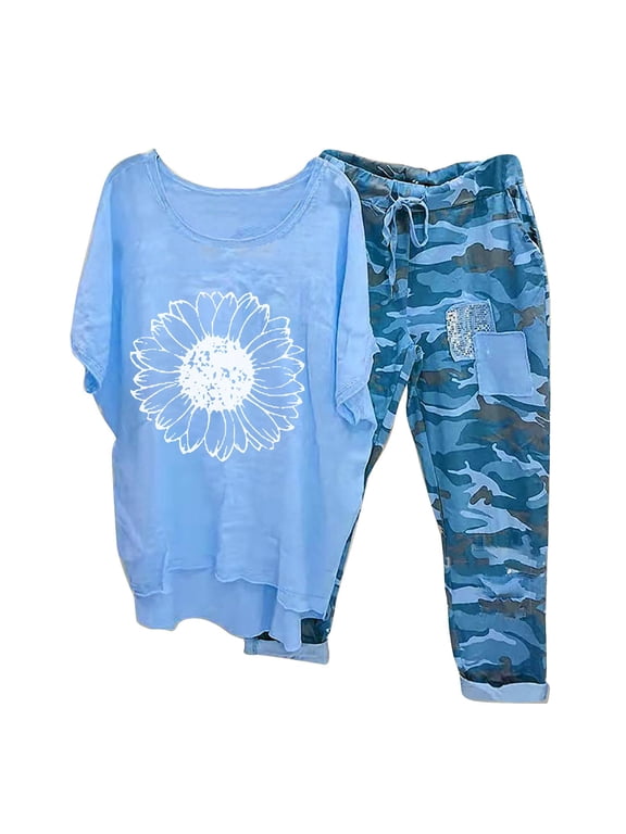 2 Piece Pants Set for Women Floral Print Short Sleeve Tops and Drawstring Elastic Waist Camouflage Pants Ladies Casual Loose Pudding Pants Set Daily Outing Outdoors
