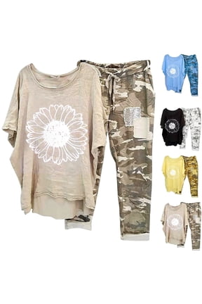 2 Piece Pants Set for Women Floral Print Short Sleeve Tops and Drawstring Elastic Waist Camouflage Pants Ladies Casual Loose Pudding Pants Set Daily Outing Outdoors