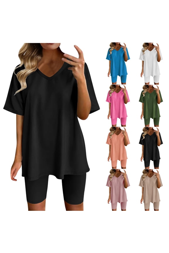 2 Piece Shorts Set for Women V Neck Short Sleeve Tops and Elastic Waist Shorts Summer Womens Casual Loose Set Everyday Outing Home Wear