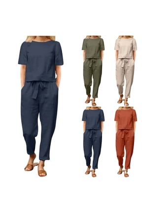 2 Piece Women's Linen Set Solid Color Round Neck Cottons Linen Short Sleeve Top and Drawstring Pants with Pockets Ladies Casual Summer Outfits Everyday Outing Outdoors