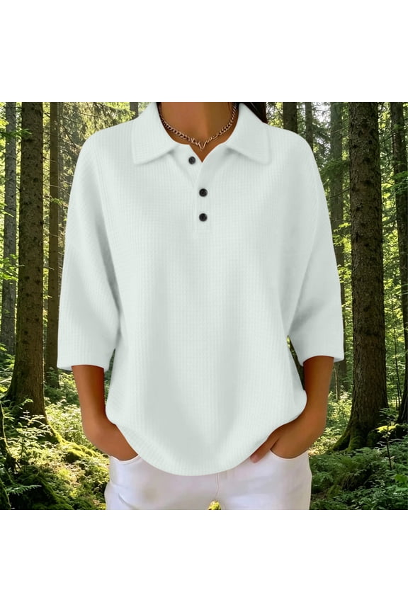 3/4 Length Sleeve Womens Tops Solid Color Lapel Knitted Half Button Tops Casual Loose Soft Pullover Tops Womens Comfy Blouse for Daily Wear