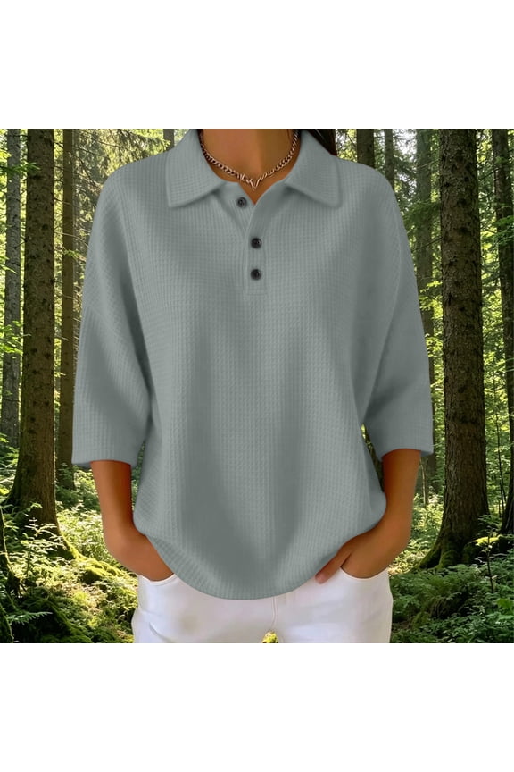 3/4 Length Sleeve Womens Tops Solid Color Lapel Knitted Half Button Tops Casual Loose Soft Pullover Tops Womens Comfy Blouse for Daily Wear