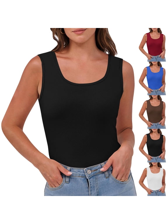 Black Tank Tops for Women Wide Strap Crew Neck Basic Camisoles Lightweight Soft Stretch Fabric for Layering, Everyday Casual Wear and Outdoor Activities