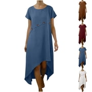 Snorda Button Details Dress for Women, Patchwork Button Detail Irregular Hem Round Knee Length Short Sleeve Dress, Ideal for Daily & Casual Wear