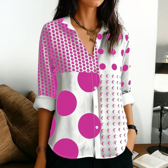 Snorda Button Down Shirts for Women Long Sleeve Lapel Blouse Casual Comfy Loose Polka Dots Shirts for Women Daily Wear Outdoors Looks