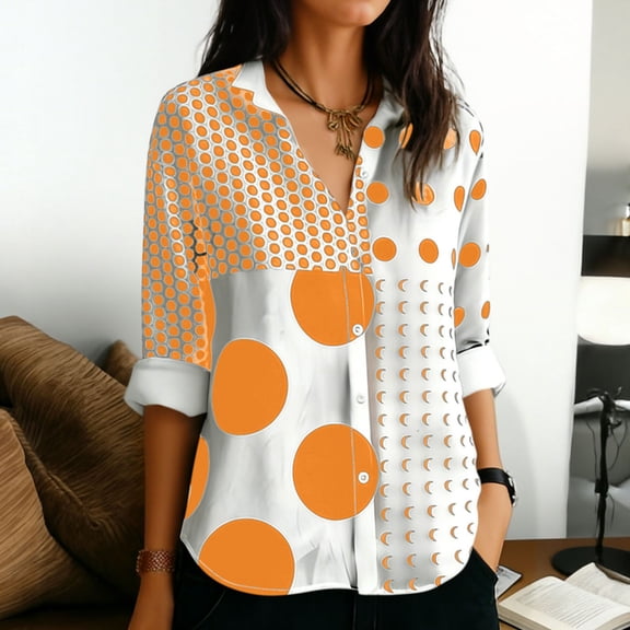 Snorda Button Down Shirts for Women Long Sleeve Lapel Blouse Casual Comfy Loose Polka Dots Shirts for Women Daily Wear Outdoors Looks