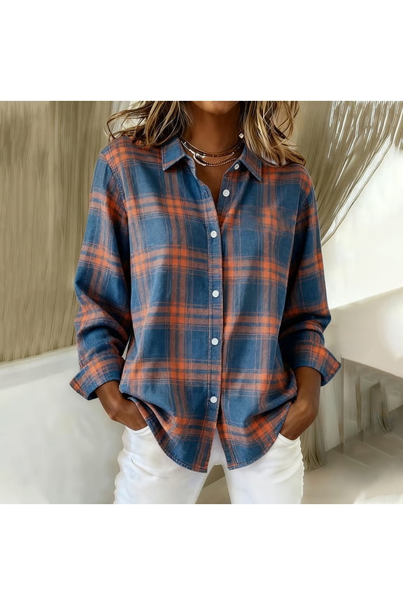 Button Down Shirts for Women Plaid Print Long Sleeve Turndown Shirts Casual Lightweight Soft Comfy Shirt Blouse for Fall Daily Layering Wear
