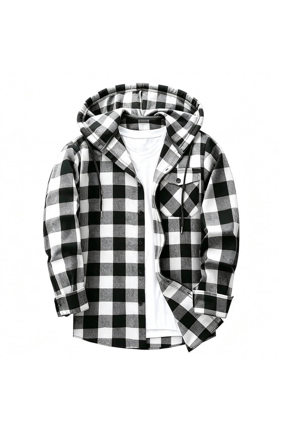 Button Down Shirt Men Plaid Hooded Shacket Button Down Long Sleeve Shirt Jacket with Drawstring Hood and Rikkabke Cuffs Soft Loose Comfy Jacket for Fall Winter Daily Wear