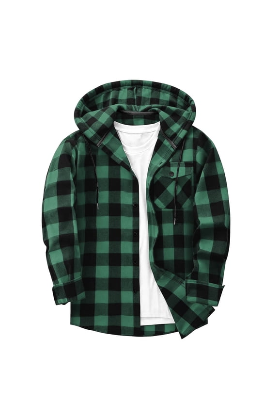 Button Down Shirt Men Plaid Hooded Shacket Button Down Long Sleeve Shirt Jacket with Drawstring Hood and Rikkabke Cuffs Soft Loose Comfy Jacket for Fall Winter Daily Wear