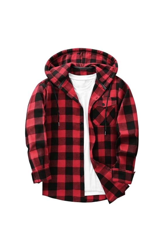 Button Down Shirt Men Plaid Hooded Shacket Button Down Long Sleeve Shirt Jacket with Drawstring Hood and Rikkabke Cuffs Soft Loose Comfy Jacket for Fall Winter Daily Wear