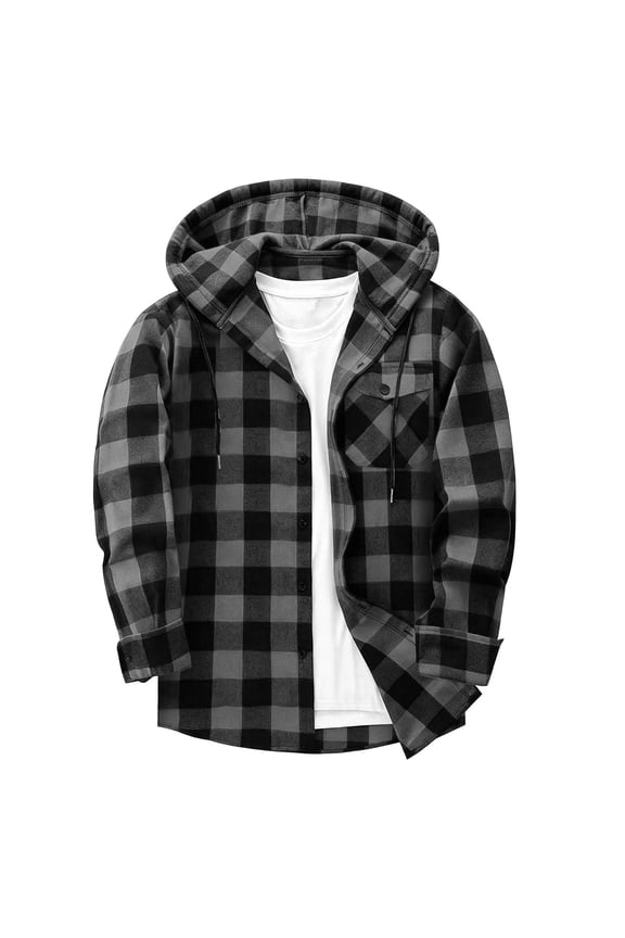 Button Down Shirt Men Plaid Hooded Shacket Button Down Long Sleeve Shirt Jacket with Drawstring Hood and Rikkabke Cuffs Soft Loose Comfy Jacket for Fall Winter Daily Wear
